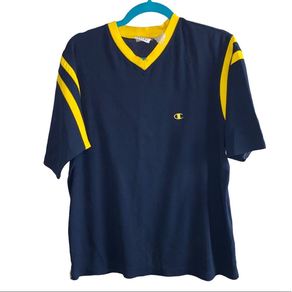Vintage Champion V-Neck T-Shirt Medium Navy Yellow Athletic Sports Streetwear